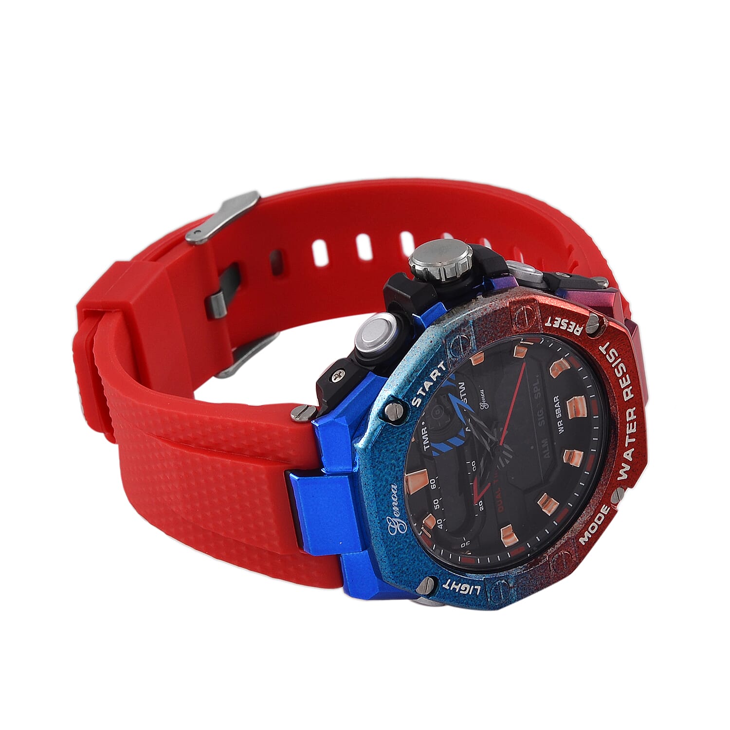 GENOA TIME V2 Japan Movt. 5ATM Water Resistant Black Dial Mens Watch with Red & Blue Tone TPU Strap GENOA TIME V2 Japan Movt. 5ATM Water Resistant Black Dial Mens Watch with Red & Blue Tone TPU Strap