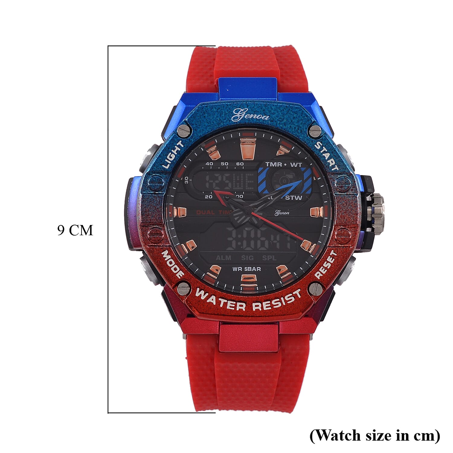 GENOA TIME V2 Japan Movt. 5ATM Water Resistant Black Dial Mens Watch with Red & Blue Tone TPU Strap GENOA TIME V2 Japan Movt. 5ATM Water Resistant Black Dial Mens Watch with Red & Blue Tone TPU Strap
