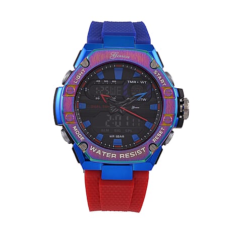GENOA TIME V2 Japanese Movt. 5ATM Water Resistant Black Dial Mens Watch with Red & Blue Tone TPU Strap