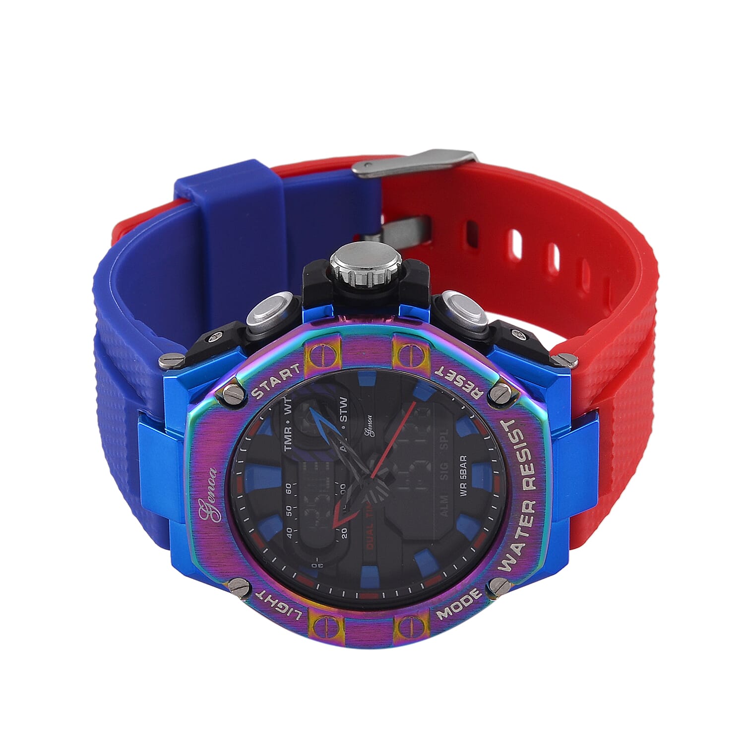 GENOA TIME V2 Japanese Movt. 5ATM Water Resistant Black Dial Mens Watch with Red & Blue Tone TPU Strap GENOA TIME V2 Japanese Movt. 5ATM Water Resistant Black Dial Mens Watch with Red & Blue Tone TPU Strap