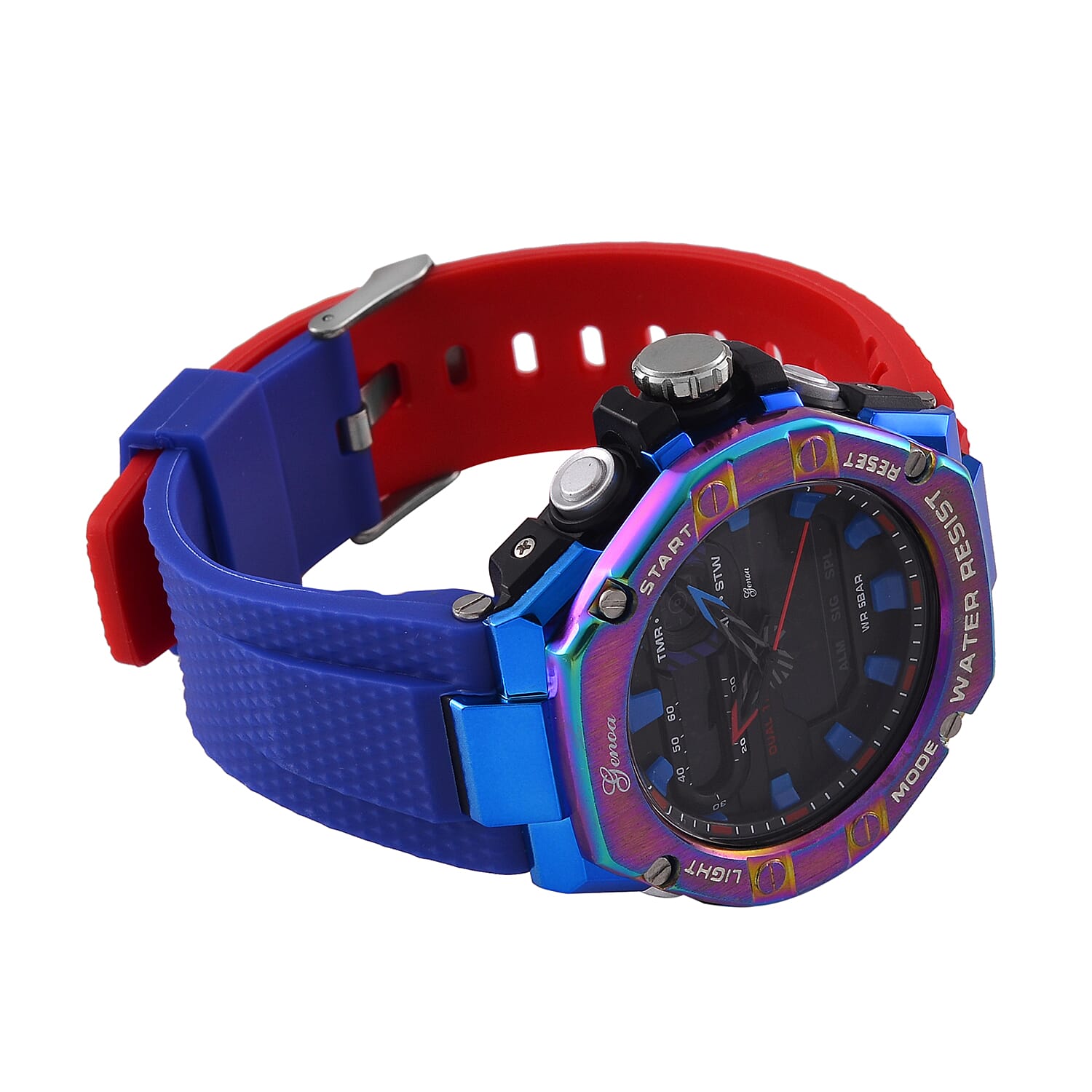 GENOA TIME V2 Japanese Movt. 5ATM Water Resistant Black Dial Mens Watch with Red & Blue Tone TPU Strap GENOA TIME V2 Japanese Movt. 5ATM Water Resistant Black Dial Mens Watch with Red & Blue Tone TPU Strap