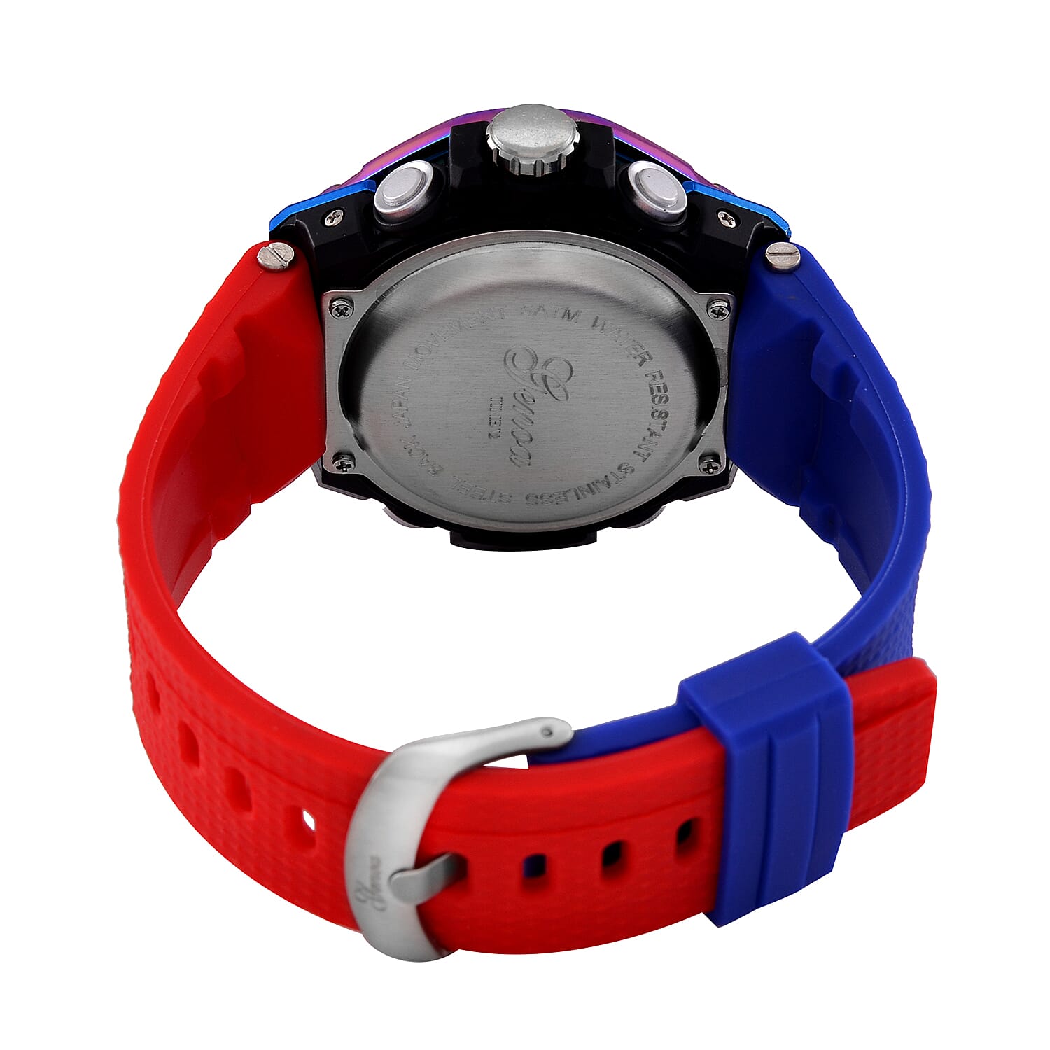 GENOA TIME V2 Japanese Movt. 5ATM Water Resistant Black Dial Mens Watch with Red & Blue Tone TPU Strap GENOA TIME V2 Japanese Movt. 5ATM Water Resistant Black Dial Mens Watch with Red & Blue Tone TPU Strap