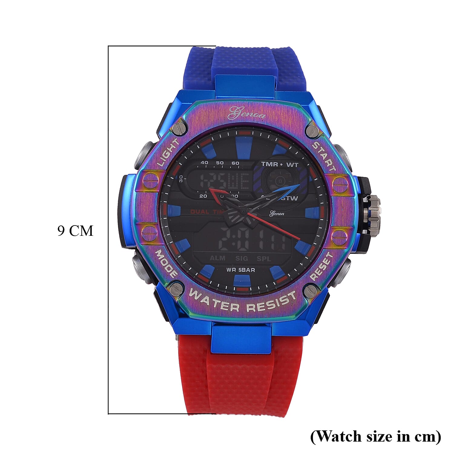 GENOA TIME V2 Japanese Movt. 5ATM Water Resistant Black Dial Mens Watch with Red & Blue Tone TPU Strap GENOA TIME V2 Japanese Movt. 5ATM Water Resistant Black Dial Mens Watch with Red & Blue Tone TPU Strap