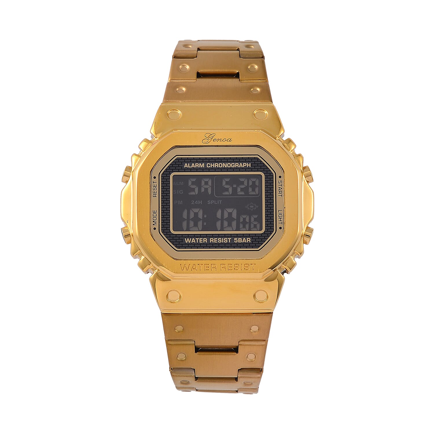 GENOA TIME V2 Japanese Movt. 5ATM Water Resistant Black Multifunctional LED Dial Watch with Gold Colour Stainless Steel Strap