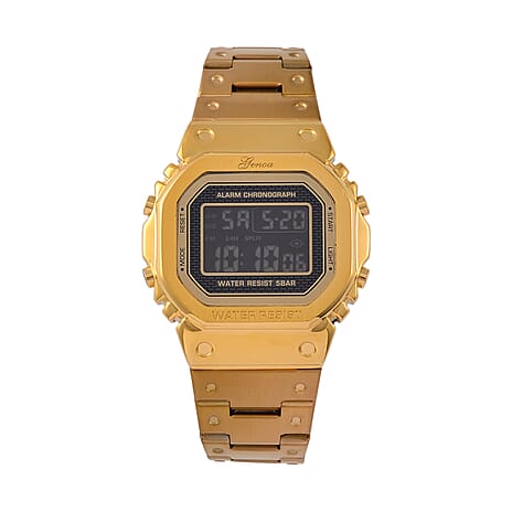GENOA TIME V2 Japanese Movt. 5ATM Water Resistant Black Multifunctional LED Dial Watch with Gold Colour Stainless Steel Strap