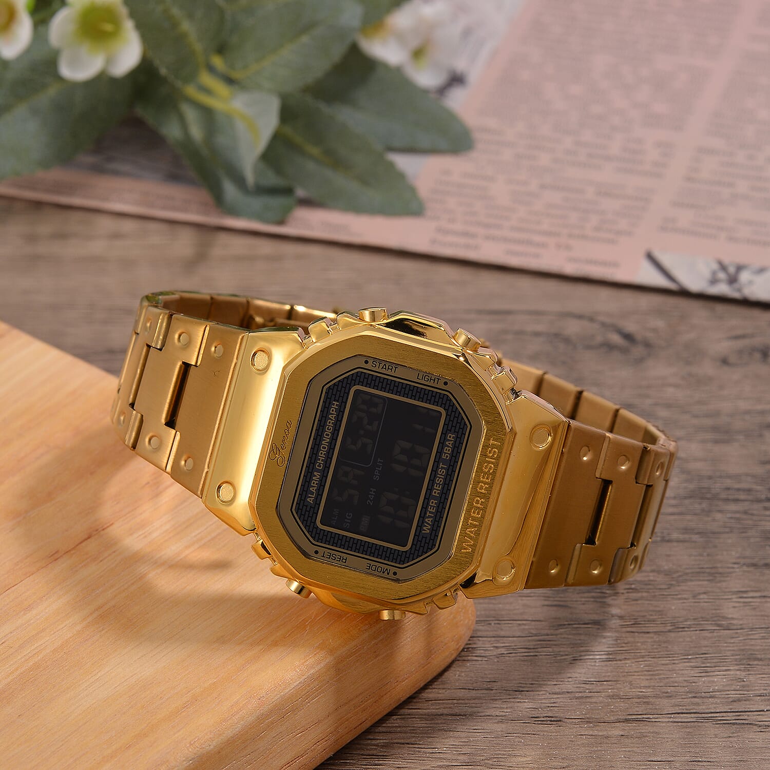 GENOA TIME V2 Japanese Movt. 5ATM Water Resistant Black Multifunctional LED Dial Watch with Gold Colour Stainless Steel Strap