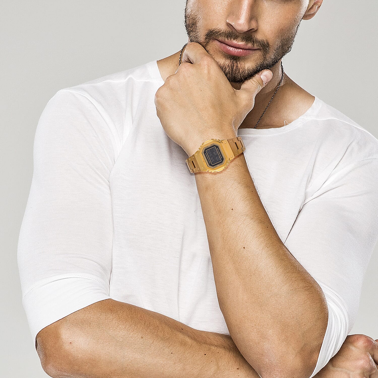 GENOA TIME V2 Japanese Movt. 5ATM Water Resistant Black Multifunctional LED Dial Watch with Gold Colour Stainless Steel Strap