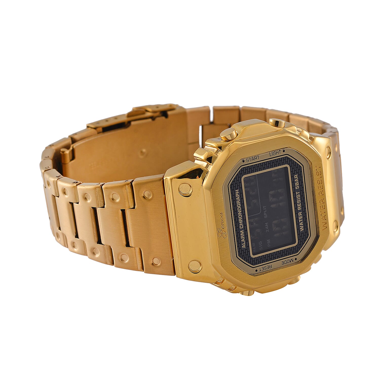 GENOA TIME V2 Japanese Movt. 5ATM Water Resistant Black Multifunctional LED Dial Watch with Gold Colour Stainless Steel Strap