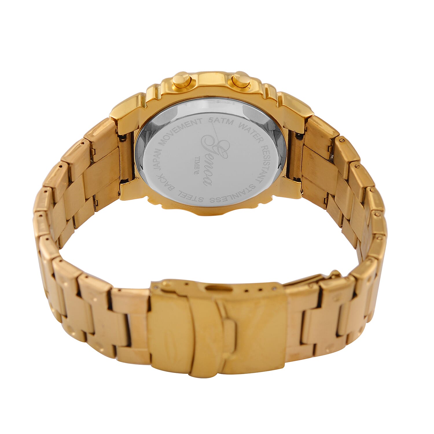 GENOA TIME V2 Japanese Movt. 5ATM Water Resistant Black Multifunctional LED Dial Watch with Gold Colour Stainless Steel Strap