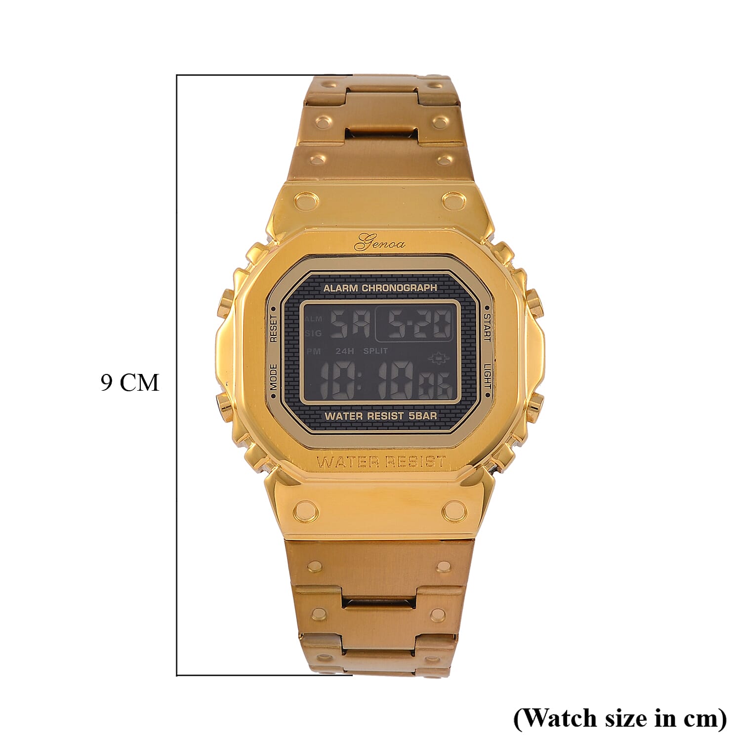GENOA TIME V2 Japanese Movt. 5ATM Water Resistant Black Multifunctional LED Dial Watch with Gold Colour Stainless Steel Strap