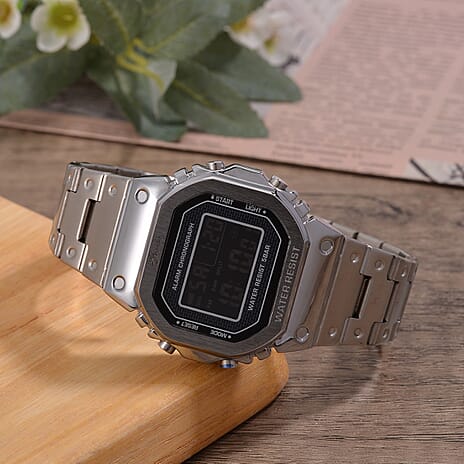 GENOA TIME V2 Japanese Movt. 5ATM Water Resistant Black Multifunctional LED Dial Watch with Silver Colour Stainless Steel Strap