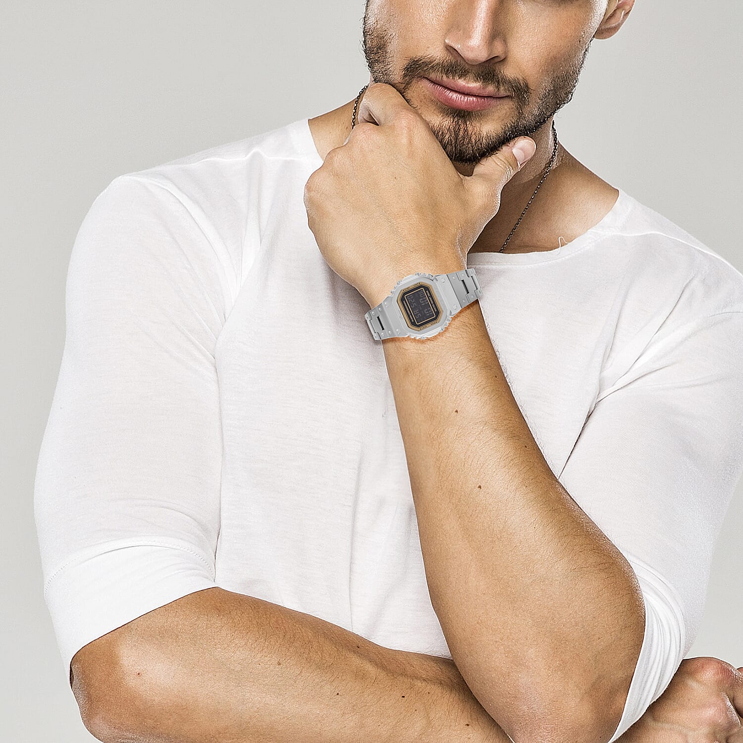 GENOA TIME V2 Japanese Movt. 5ATM Water Resistant Black Multifunctional LED Dial Watch with Silver Colour Stainless Steel Strap