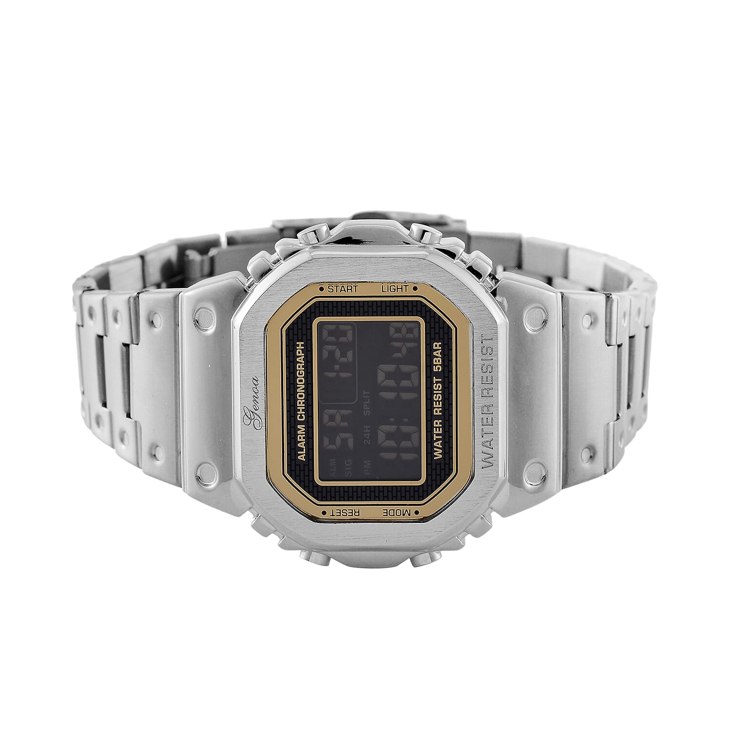 GENOA TIME V2 Japanese Movt. 5ATM Water Resistant Black Multifunctional LED Dial Watch with Silver Colour Stainless Steel Strap