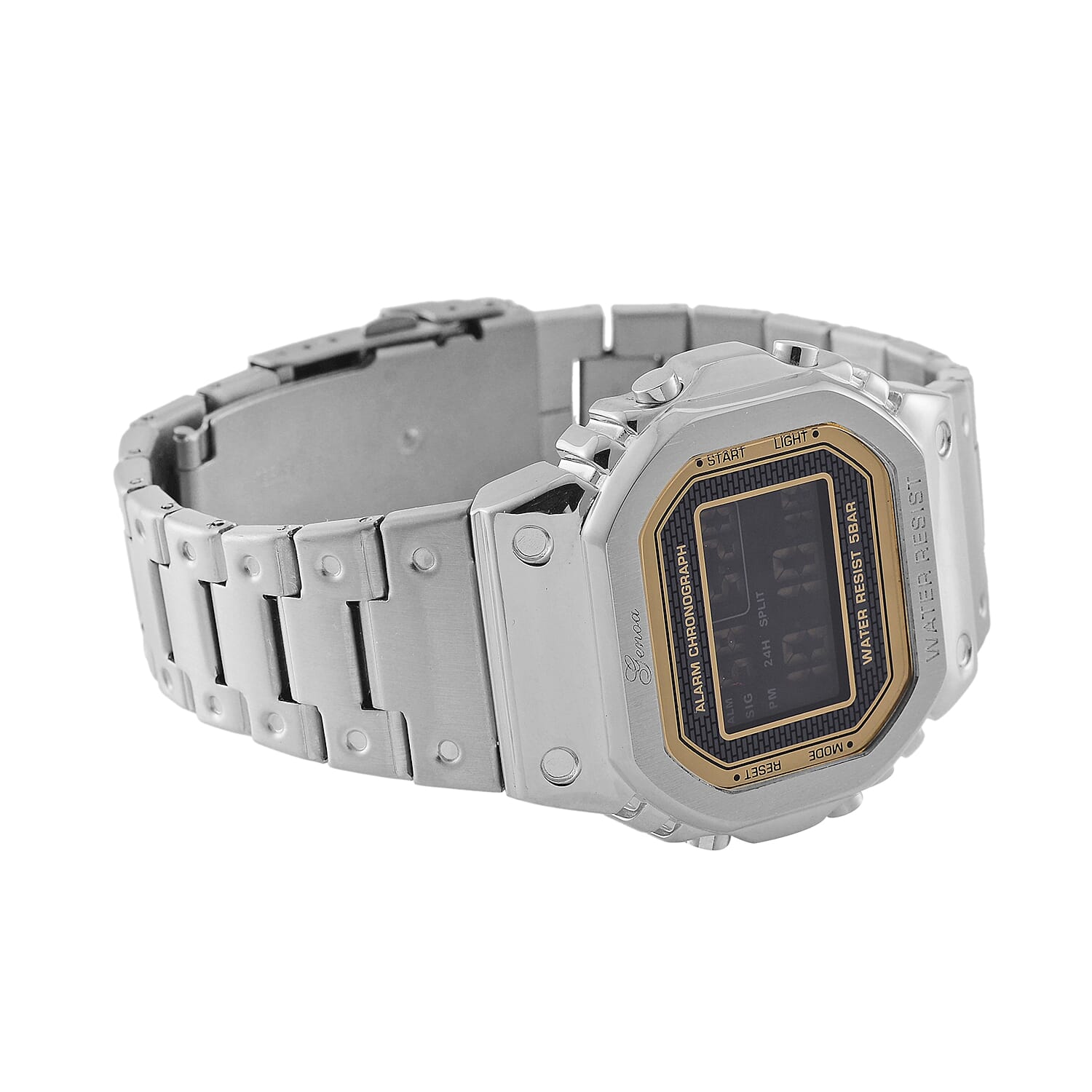 GENOA TIME V2 Japanese Movt. 5ATM Water Resistant Black Multifunctional LED Dial Watch with Silver Colour Stainless Steel Strap