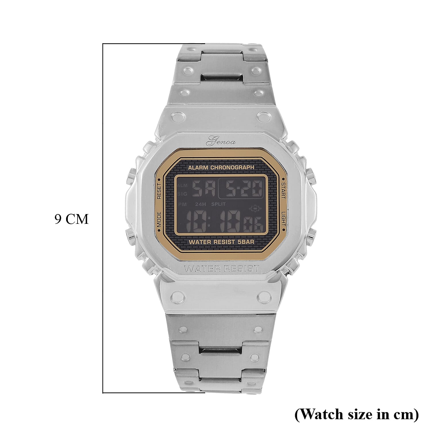 GENOA TIME V2 Japanese Movt. 5ATM Water Resistant Black Multifunctional LED Dial Watch with Silver Colour Stainless Steel Strap