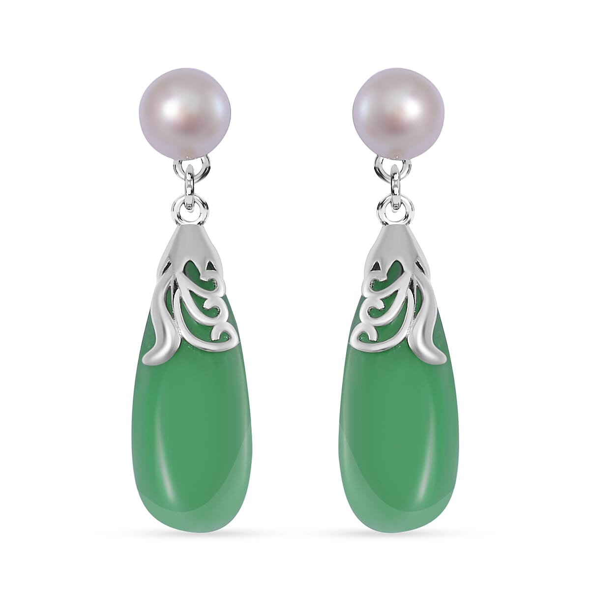Rare Find -- Green Jade with  White Fresh Water Pearl  Earring in rhodium Sterling Silver 10.00 Ct