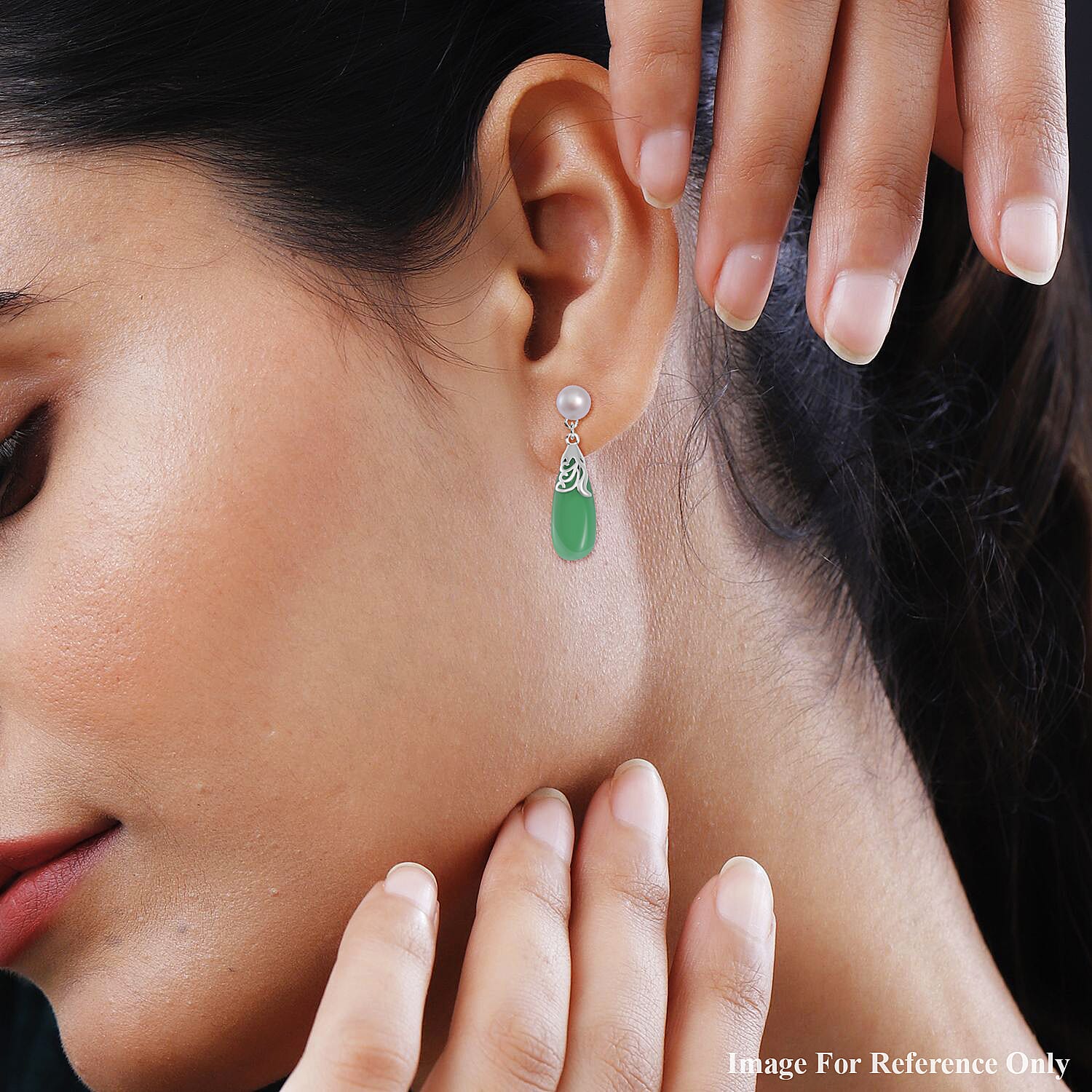 Rare Find -- Green Jade with  White Fresh Water Pearl  Earring in rhodium Sterling Silver 10.00 Ct