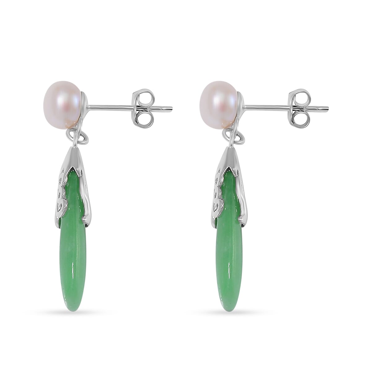 Rare Find -- Green Jade with  White Fresh Water Pearl  Earring in rhodium Sterling Silver 10.00 Ct