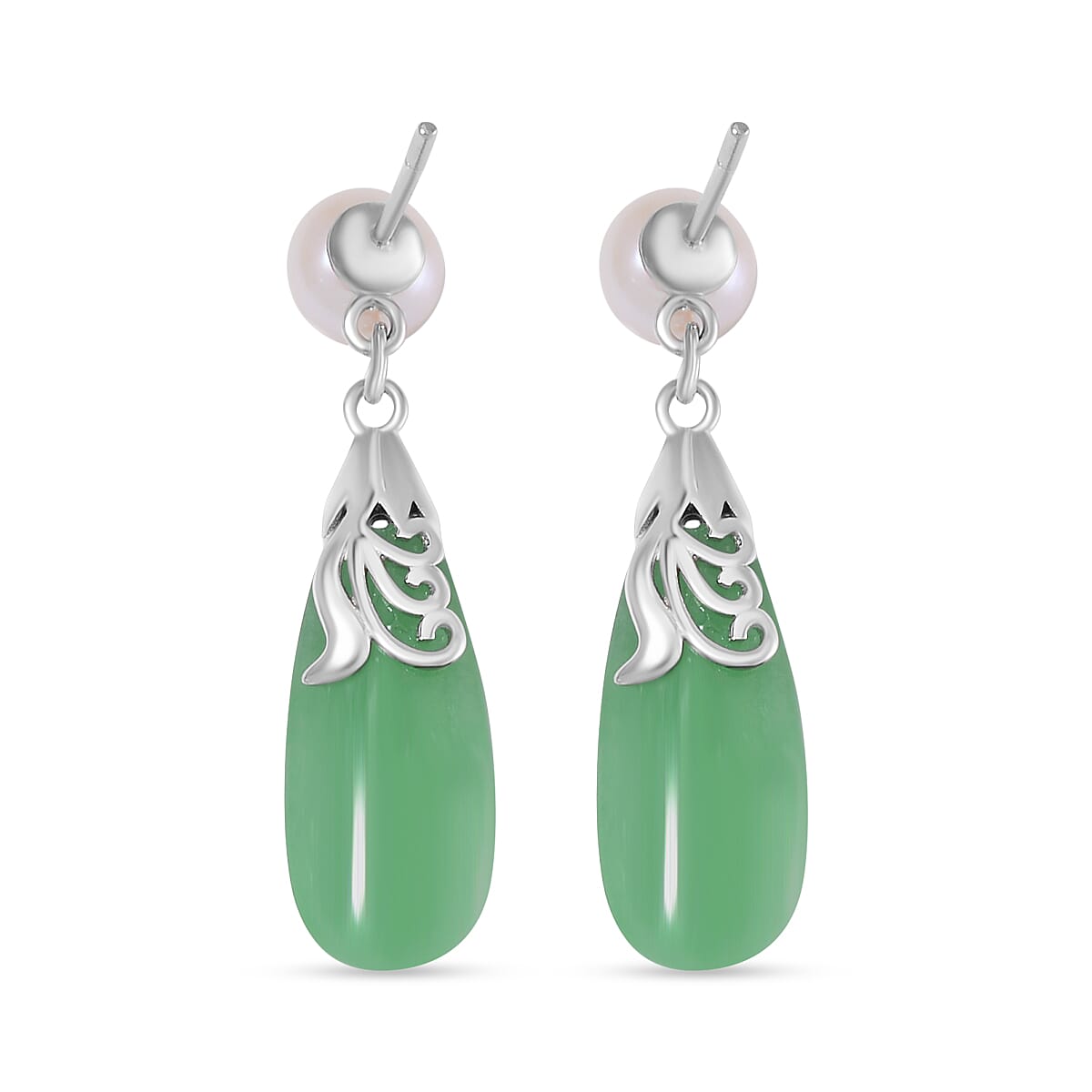 Rare Find -- Green Jade with  White Fresh Water Pearl  Earring in rhodium Sterling Silver 10.00 Ct