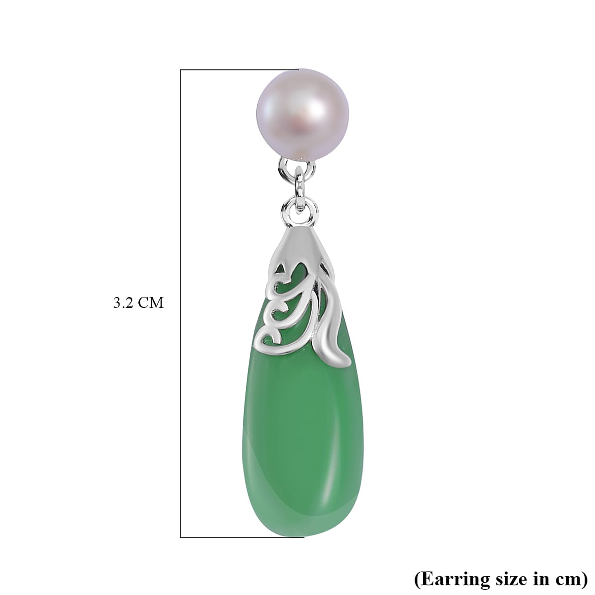 Rare Find -- Green Jade with  White Fresh Water Pearl  Earring in rhodium Sterling Silver 10.00 Ct