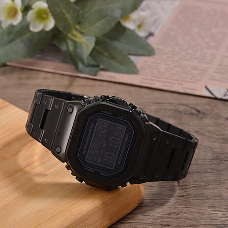 GENOA TIME V2 Japanese Movt. 5ATM Water Resistant Black Multifunctional LED Dial Watch with Stainless Steel Strap