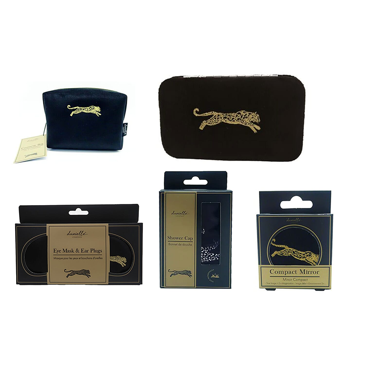 Danielle 5 Piece Set - Eyemask & Earplugs, Compact Mirror, Shower Cap, Manicure Set and Cosmetic Bag