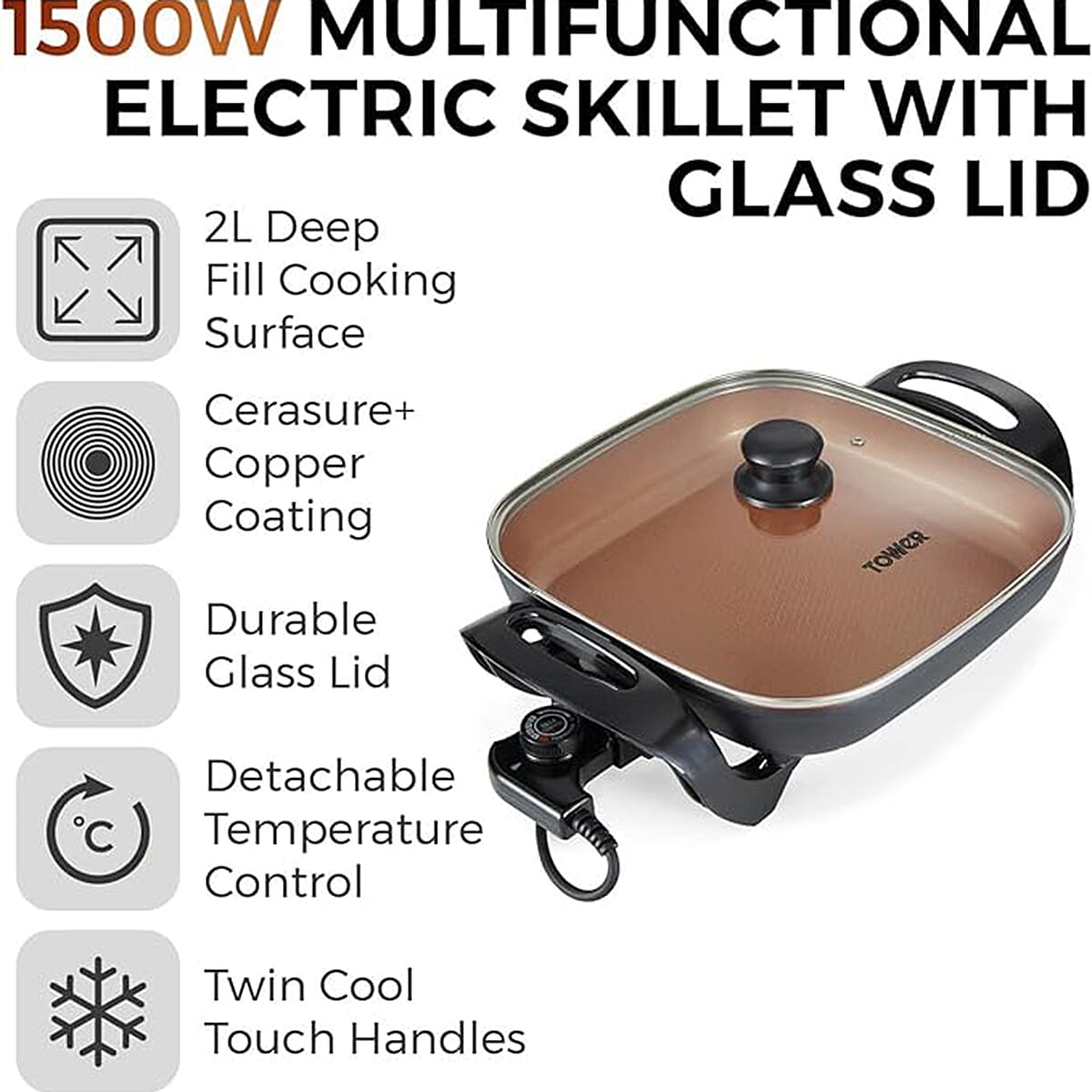 TOWER 1500W Multifunctional Electric Skillet with Glass Lid - Grey