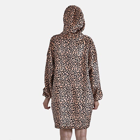 Charcoal Fleece Leopard Pattern Hoodie Blanket (One Size) - Brown