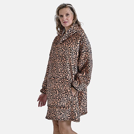 Charcoal Fleece Leopard Pattern Hoodie Blanket (One Size) - Brown