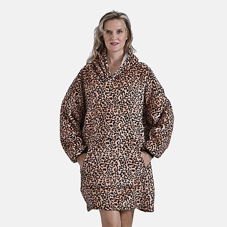 Charcoal Fleece Leopard Pattern Hoodie Blanket (One Size) - Brown