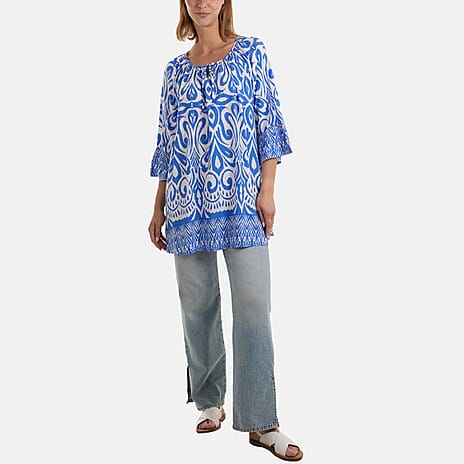 QED London 100% Viscose Border Printed Top with Frill Sleeves (One Size) - Blue