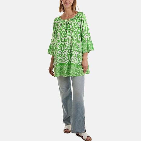QED London 100% Viscose Border Printed Top with Frill Sleeves (One Size) - Green