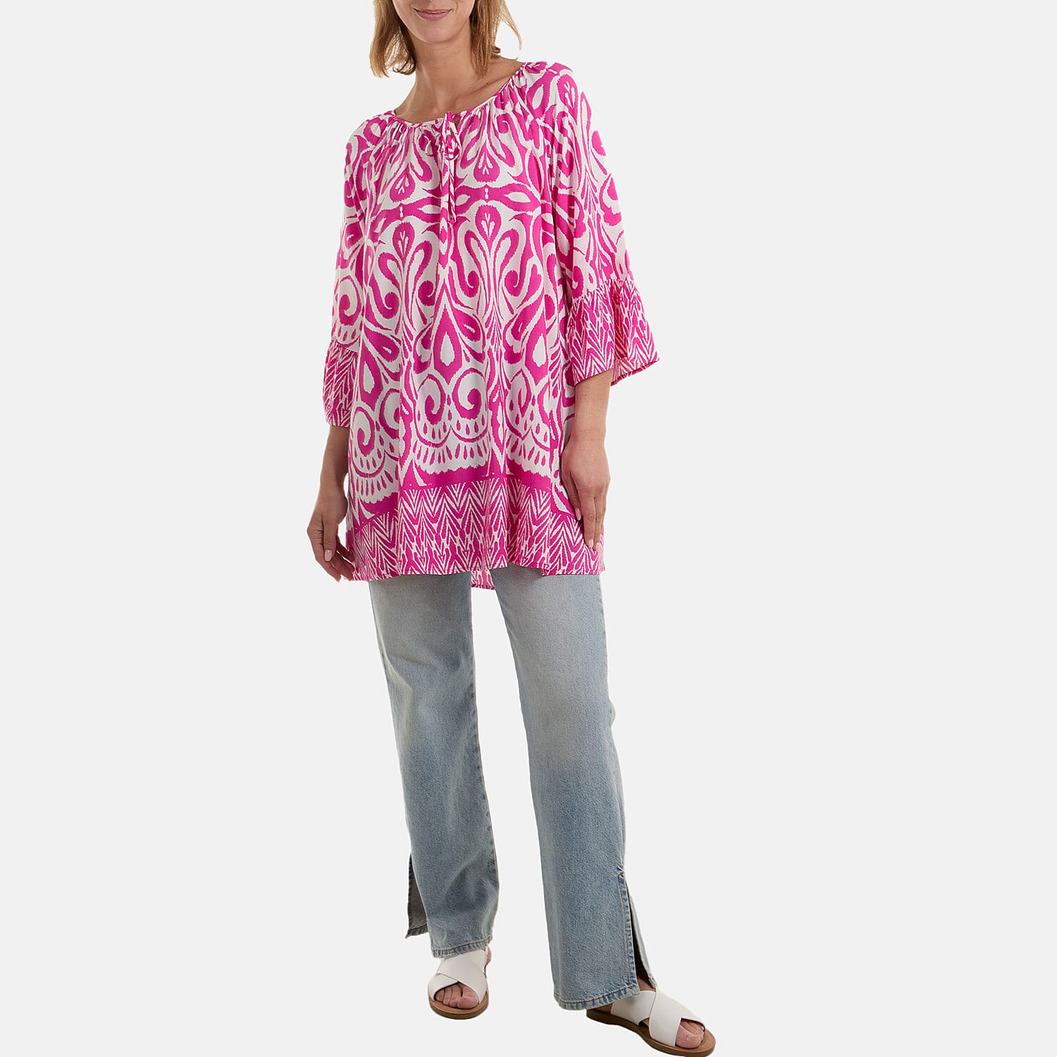 Nova of London Border Printed Top with Frill Sleeves (One Size) - Pink