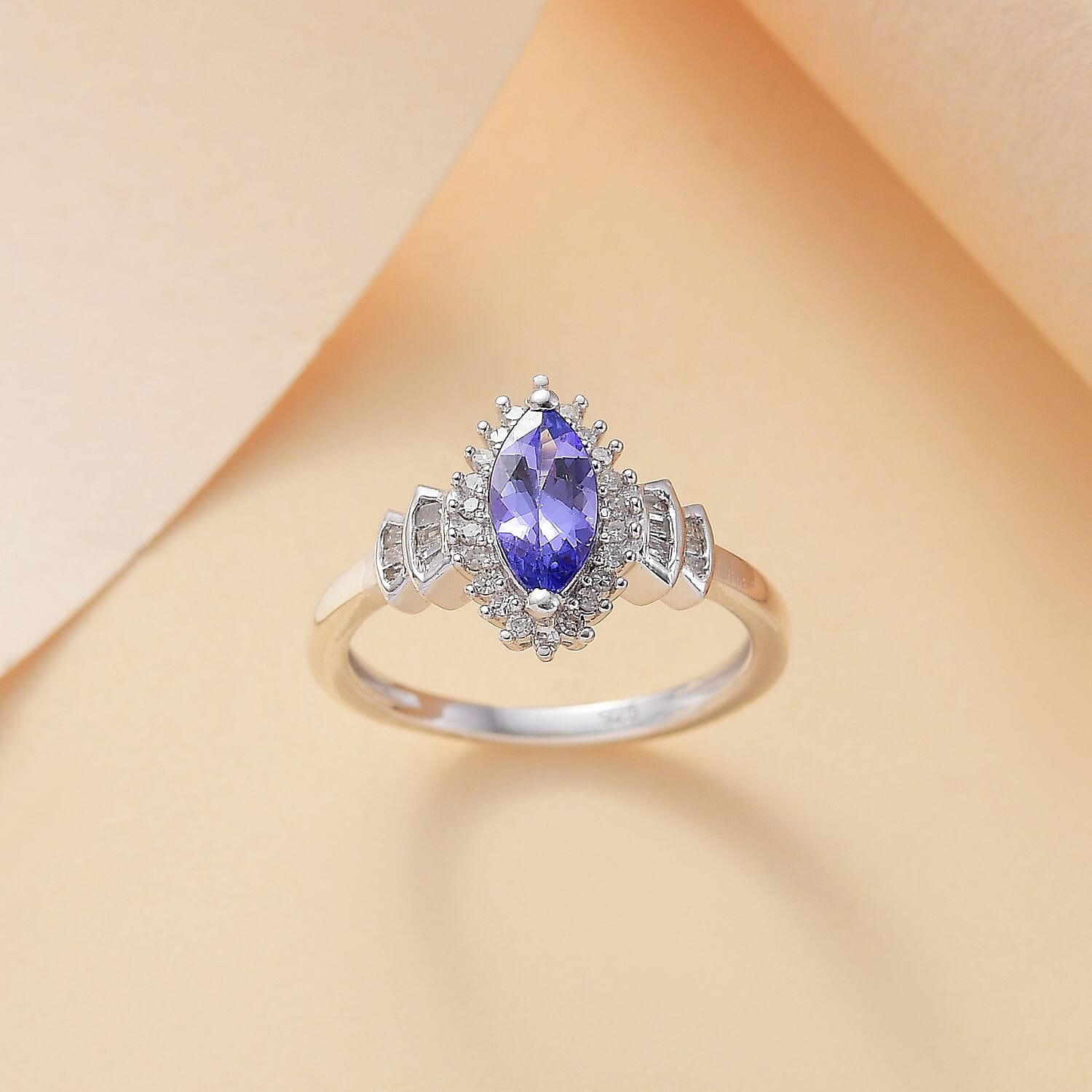 Premium Tanzanite & Diamond Ring in Rhodium Overlay Sterling Silver