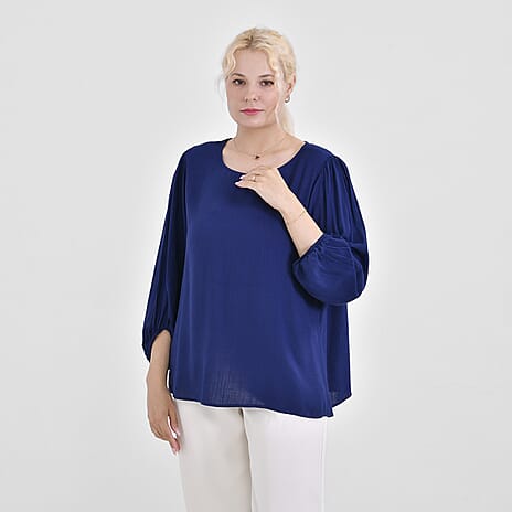 TAMSY 100% Viscose Round Neck Top (Size L) - Navy Blue