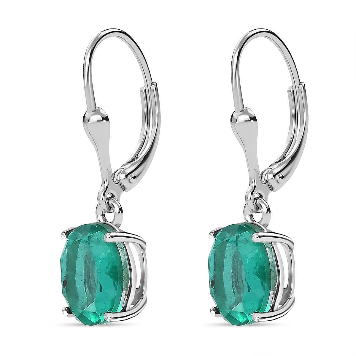 Emeraldine Quartz Solitaire Lever Back Earrings in Platinum Overlay Sterling Silver 4.66 Ct