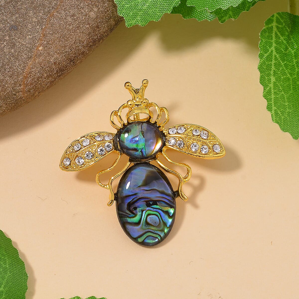 Abalone Shell, White and Black Crystal Brooch