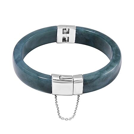 Type A Natural Olmec Jadeite Bangle (Size 7.5) in Rhodium Overlay Sterling Silver 250.00 Ct.