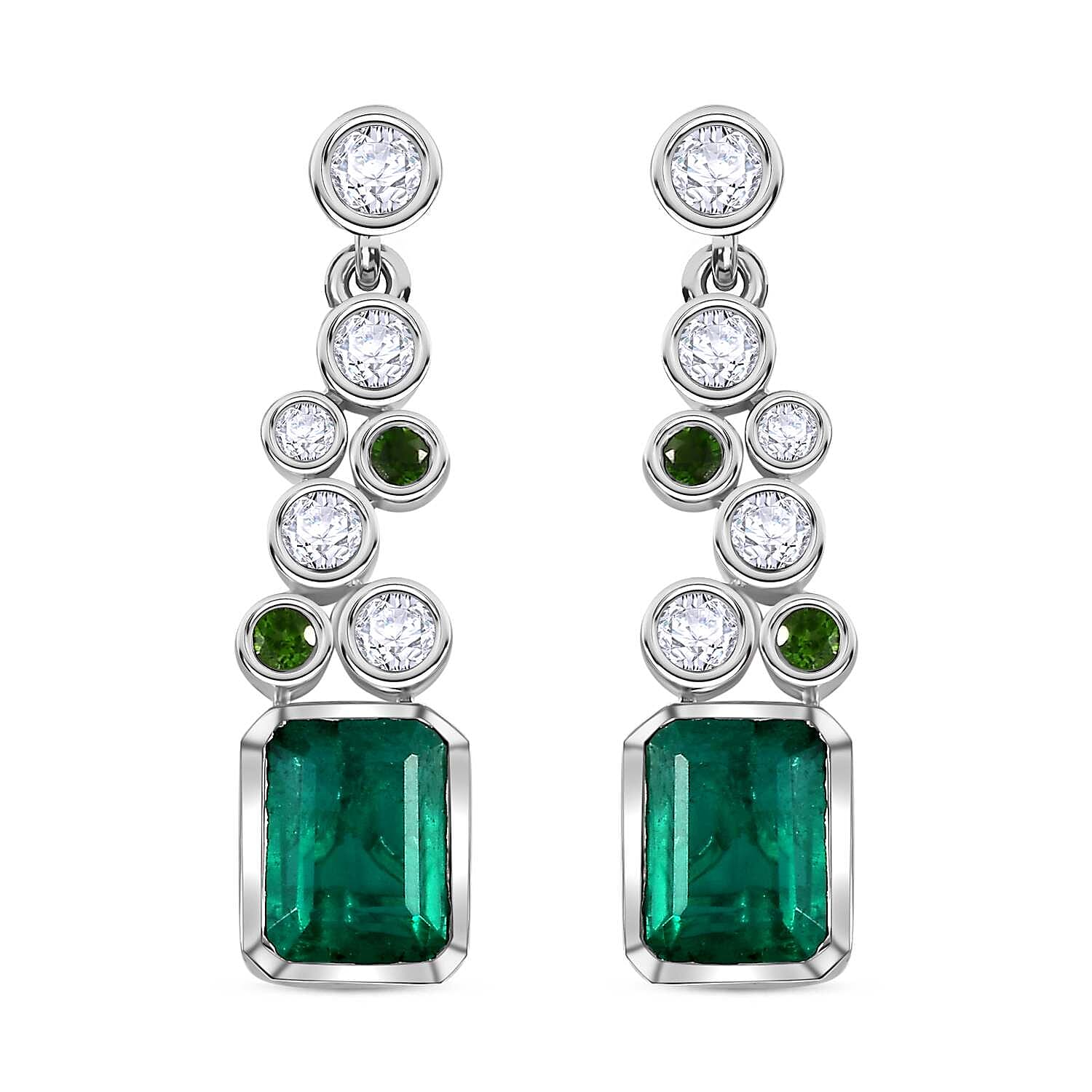 Emeraldine Quartz, Natural Chrome Diopside & Natural Zircon Bubble Dangle Earrings in Rhodium Overlay Sterling Silver 5.26 Ct.