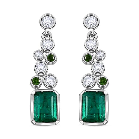 Emeraldine Quartz, Natural Chrome Diopside & Natural Zircon Bubble Dangle Earrings in Rhodium Overlay Sterling Silver 5.26 Ct.
