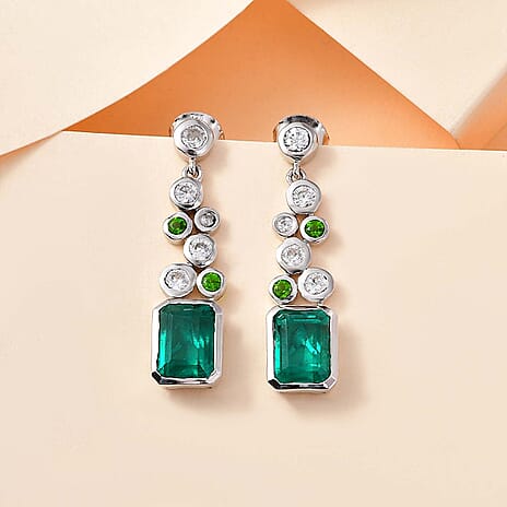 Emeraldine Quartz, Natural Chrome Diopside & Natural Zircon Bubble Dangle Earrings in Rhodium Overlay Sterling Silver 5.26 Ct.