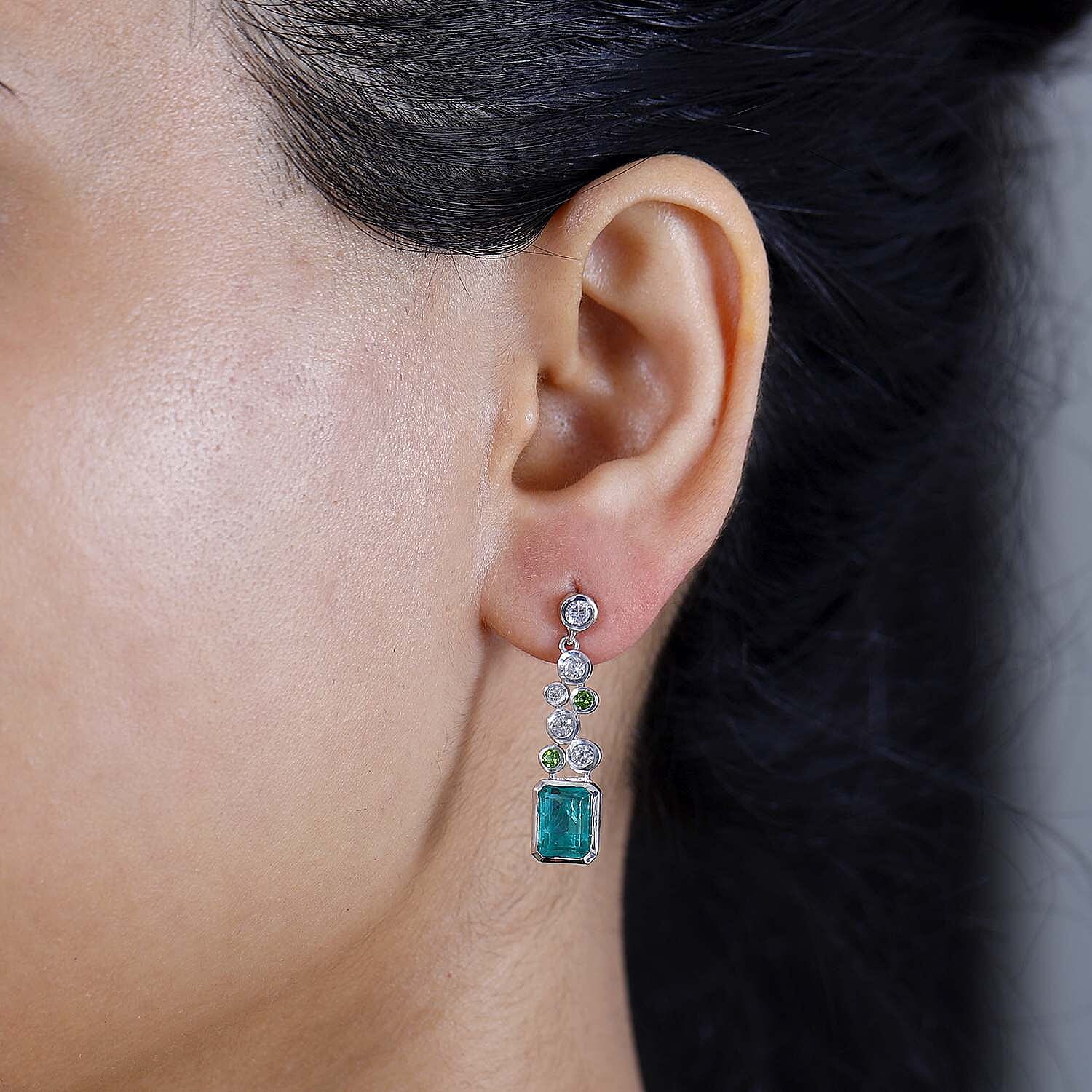 Emeraldine Quartz, Natural Chrome Diopside & Natural Zircon Bubble Dangle Earrings in Rhodium Overlay Sterling Silver 5.26 Ct.