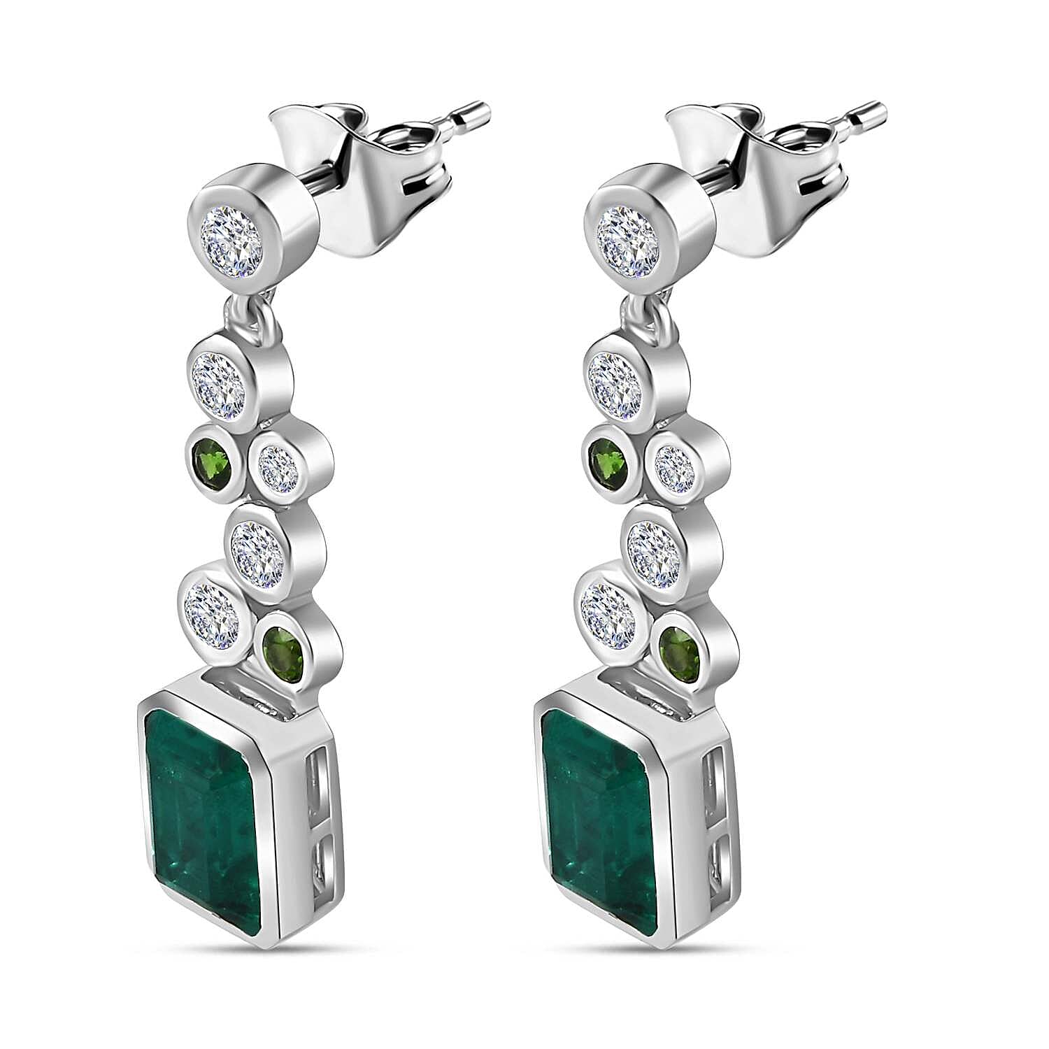 Emeraldine Quartz, Natural Chrome Diopside & Natural Zircon Bubble Dangle Earrings in Rhodium Overlay Sterling Silver 5.26 Ct.