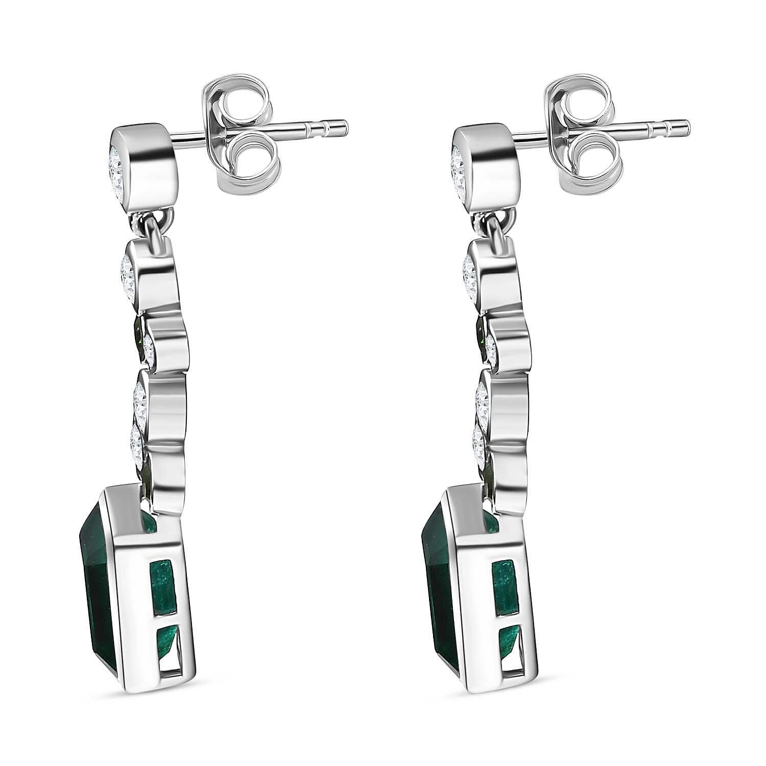 Emeraldine Quartz, Natural Chrome Diopside & Natural Zircon Bubble Dangle Earrings in Rhodium Overlay Sterling Silver 5.26 Ct.