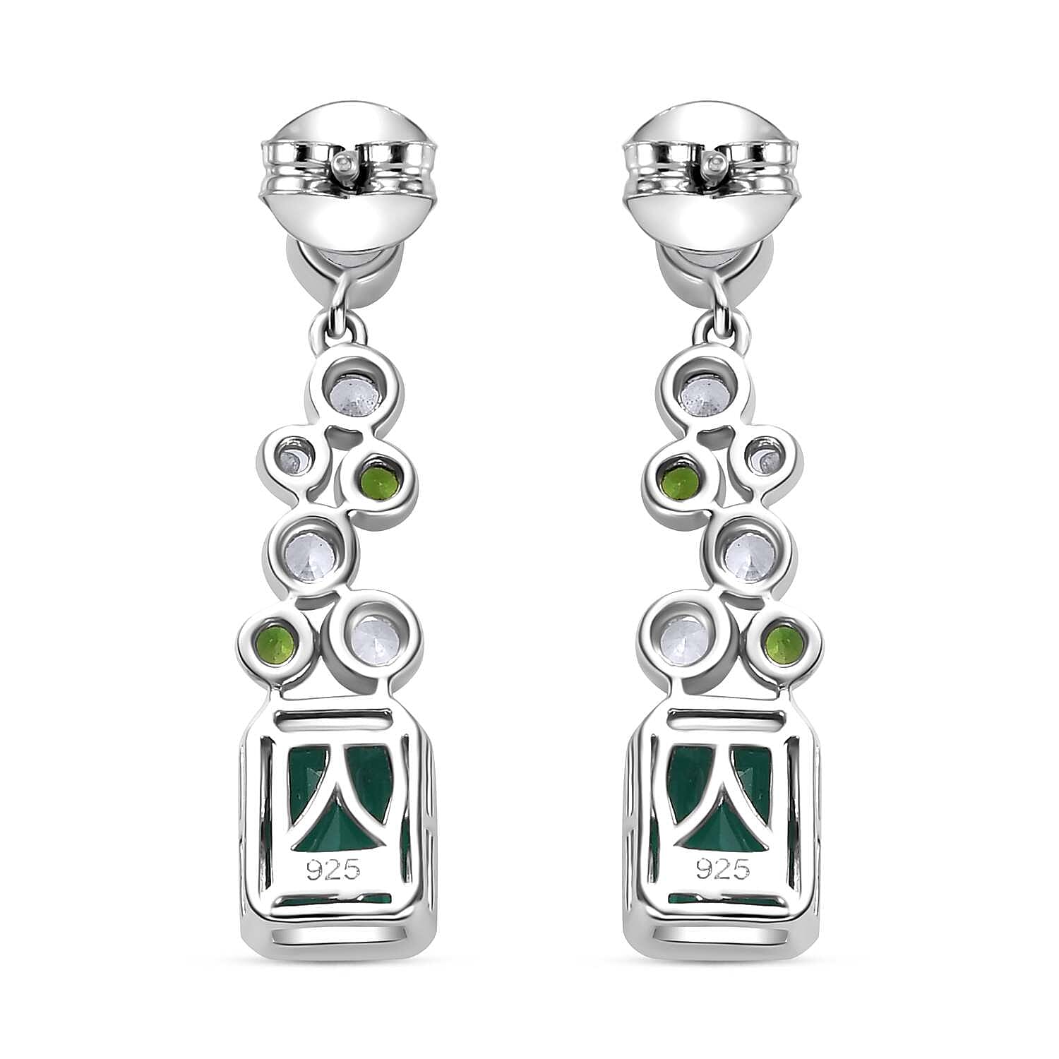 Emeraldine Quartz, Natural Chrome Diopside & Natural Zircon Bubble Dangle Earrings in Rhodium Overlay Sterling Silver 5.26 Ct.