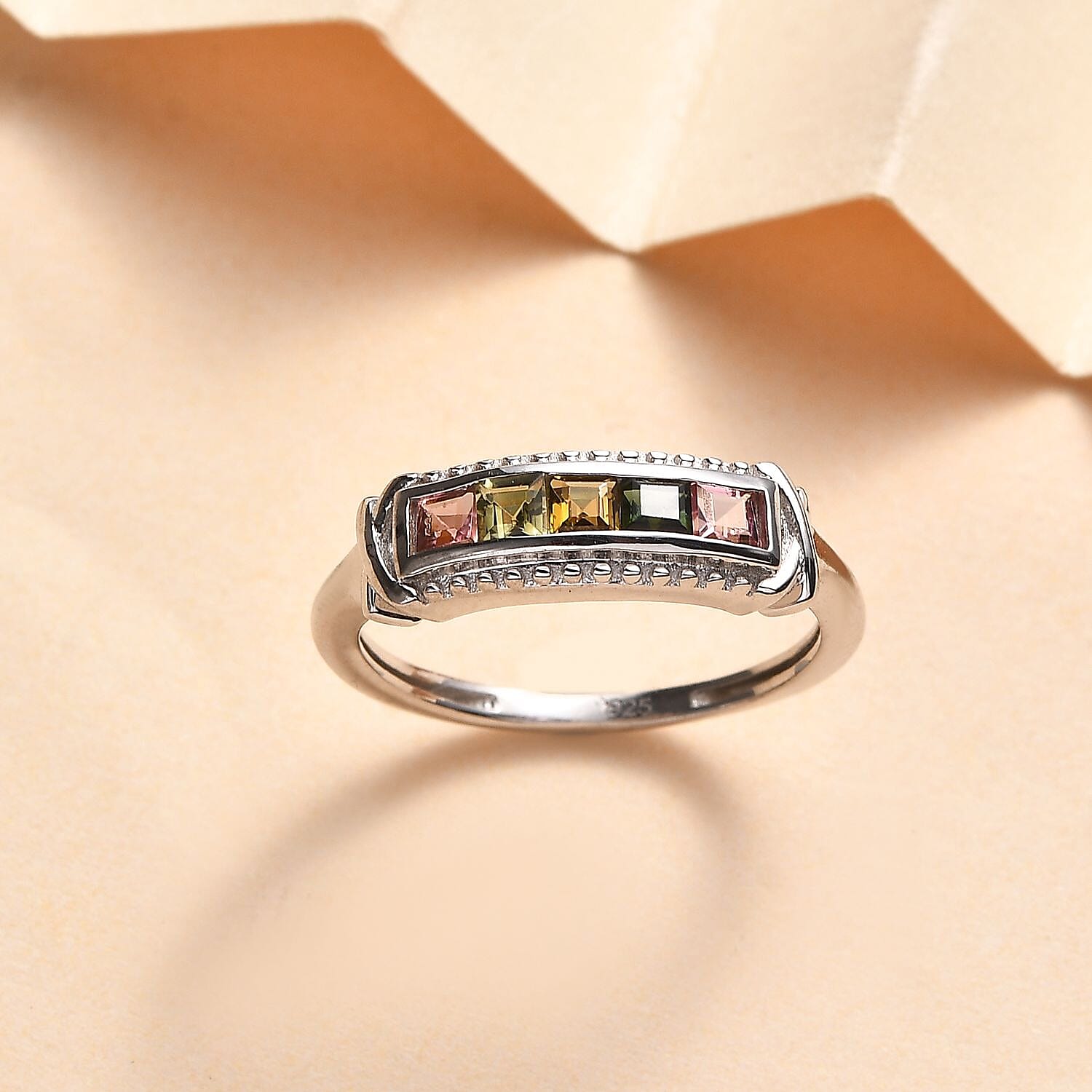 Multi-Tourmaline Ring in Platinum Overlay Sterling Silver