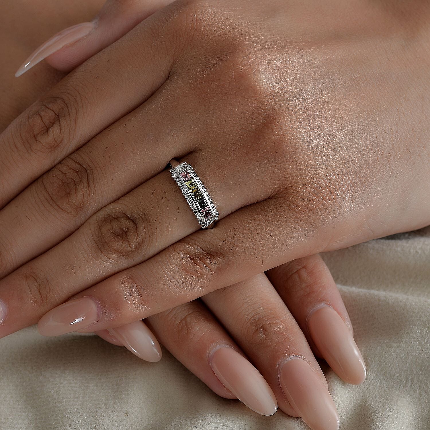 Multi-Tourmaline Ring in Platinum Overlay Sterling Silver
