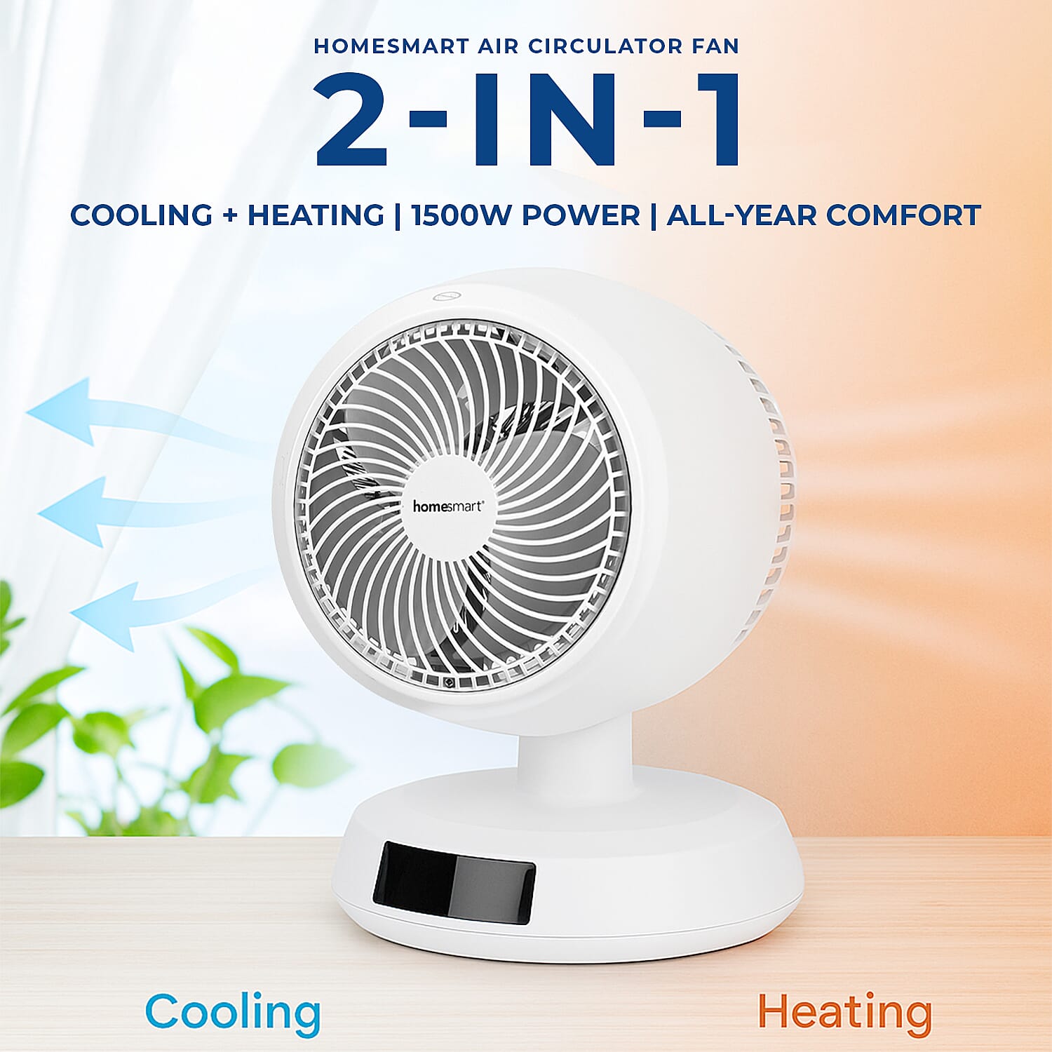 Homesmart 2-in-1 All Seasons Hot and Cold Air Circulator Fan, Ceramic and Low Noise(1500W) - White