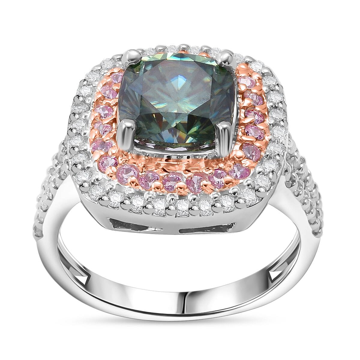 Vibrant Green Moissanite and Pink Sapphire Ring in Rhodium Overlay Sterling Silver - 3.25ct