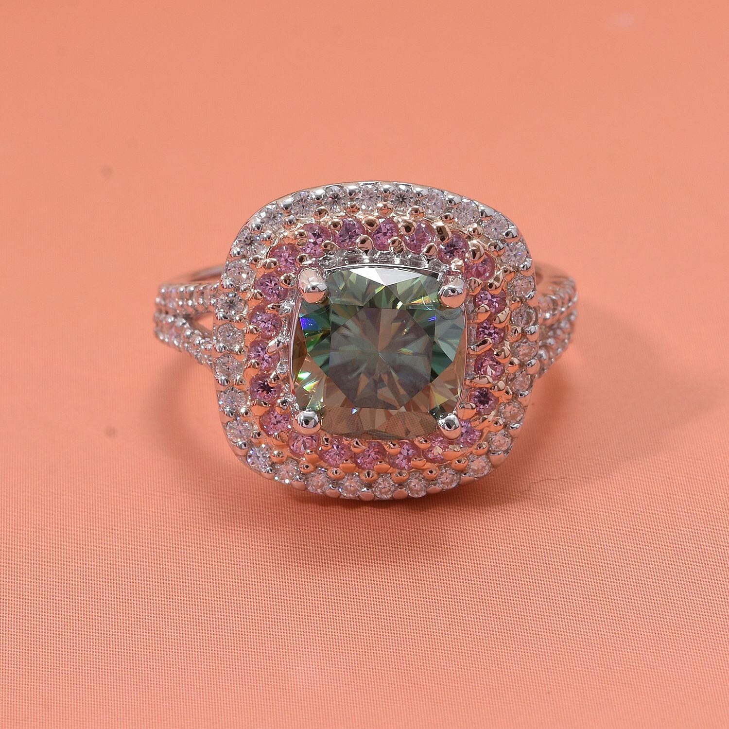Vibrant Green Moissanite and Pink Sapphire Ring in Rhodium Overlay Sterling Silver - 3.25ct